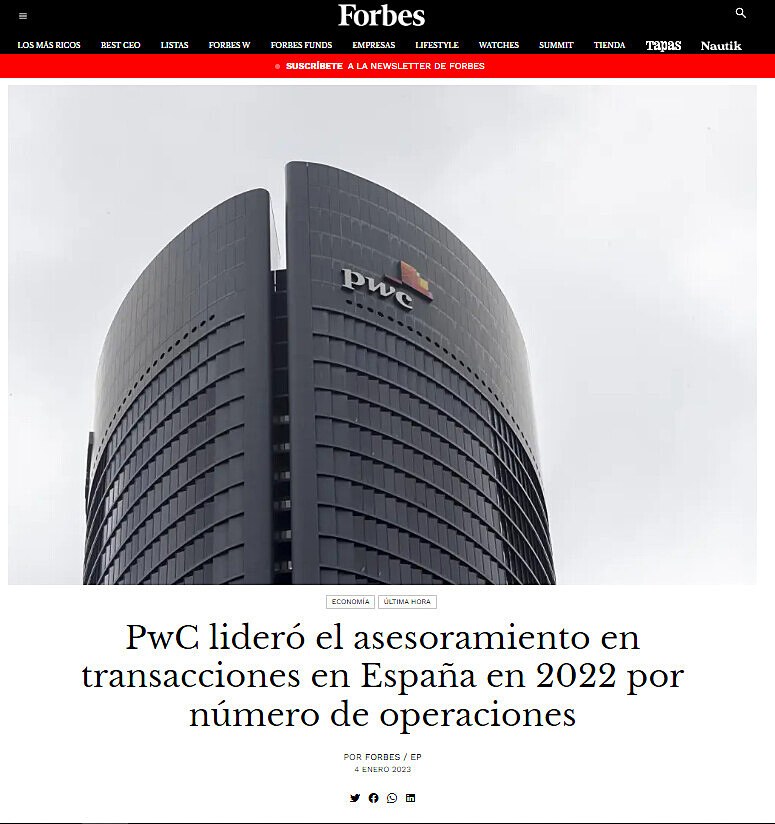 PwC lider el asesoramiento en transacciones en Espaa en 2022 por nmero de operaciones